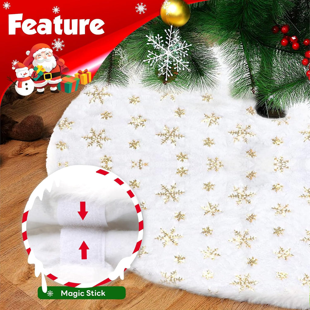 Christmas Tree Skirt 36 Inch, Holiday Part Decorations, Whit Plush Gold Sequin Snowflake Tree Shirt for Xmas