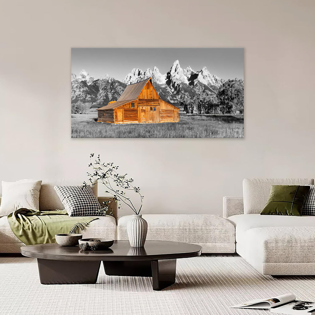 Barn Mountain Large Wall Art Farmhouse Pictures Wall Decor Black and White Country Canvas Print Painting Modern Home