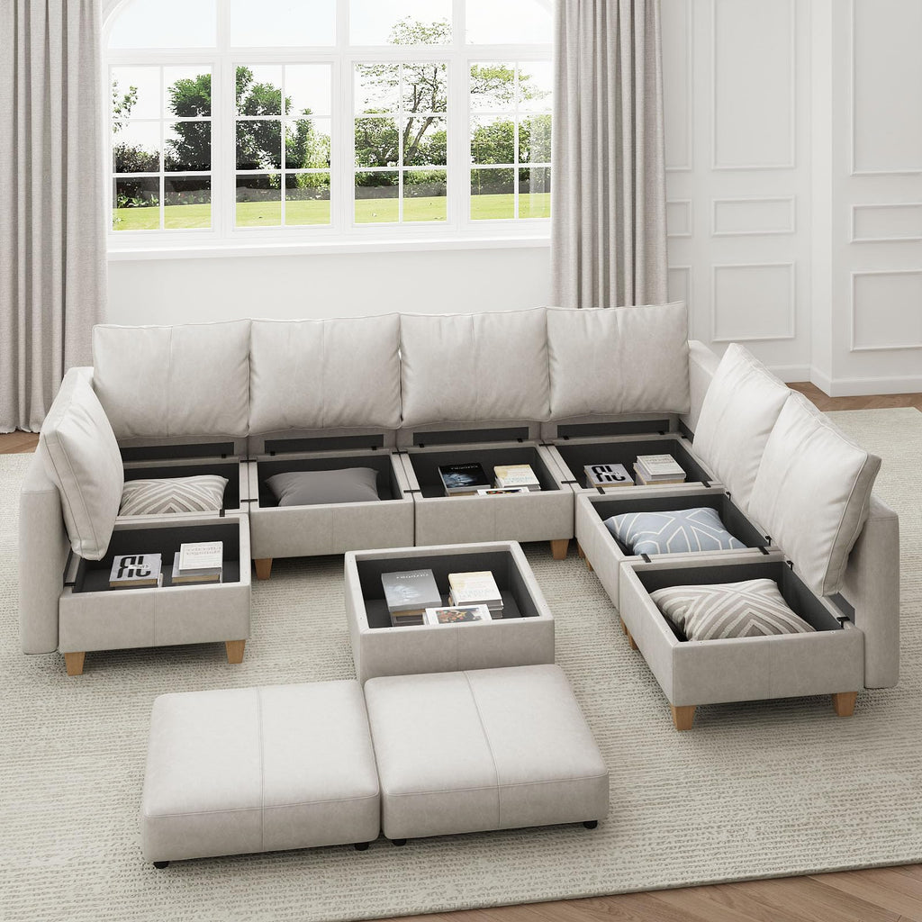 Leather Sectional Couch Sofa with Ottoman, U Shaped Faux Leather