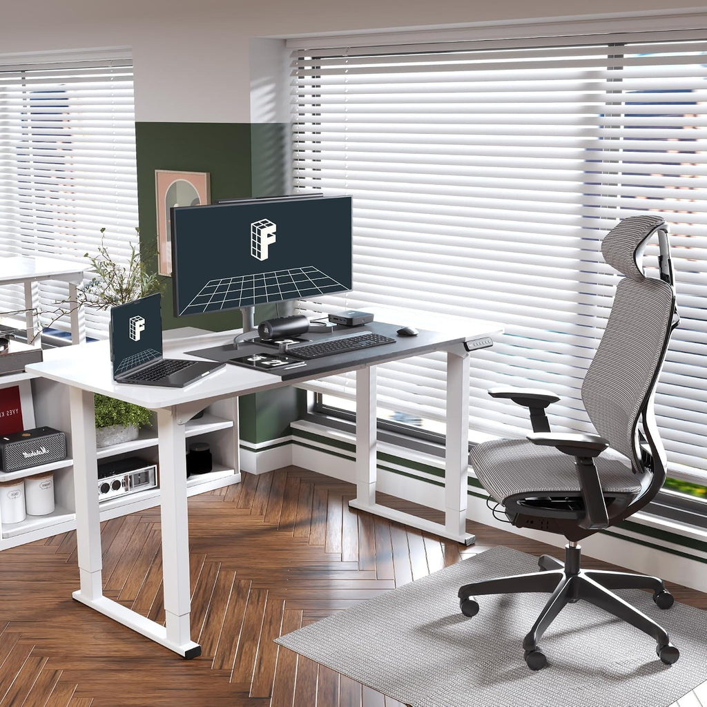 4-Leg Standing Desk, 63"x28", Electric Height Adjustable, White | Stable 4-Leg Frame, Spacious Workspace, Memory LED
