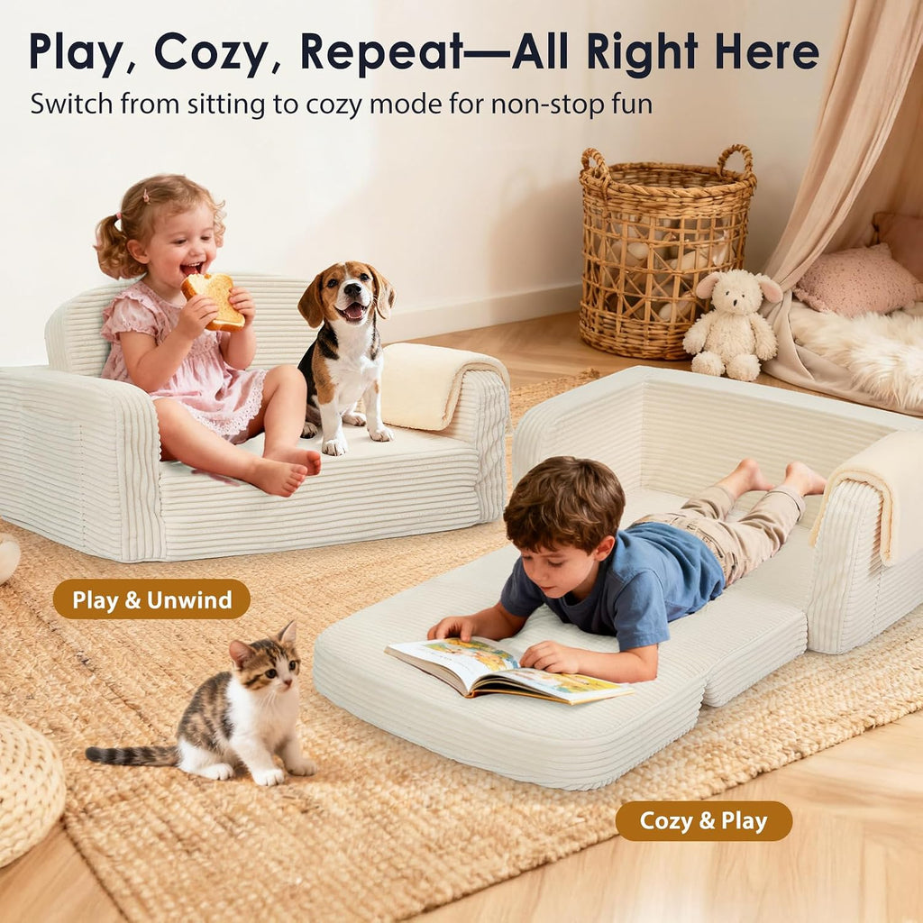 Extra Wide 2 in 1 Convertible Toddler Kids Couch - Corduroy Fold Out Kids Sofa Chair with Blanket, Comfy Comfortable