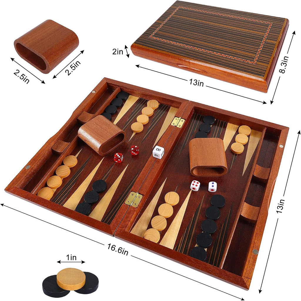 Wooden Backgammon Set for Kids, 13 Inches Backgammon Board Game Set with 32 Backgammon Pieces, 5 Dice & 2 Cups