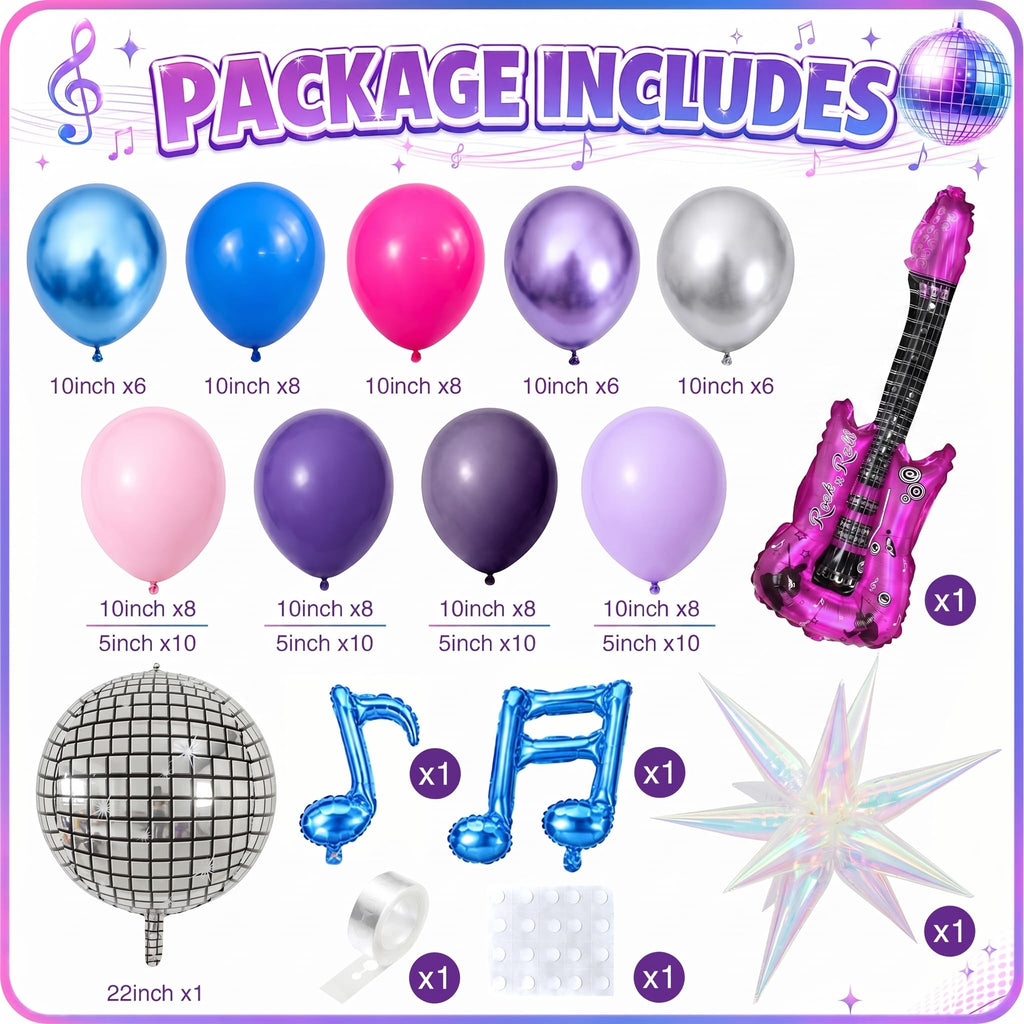 Kpop Music Balloon Garland Arch Kit, Pastel Hot Pink Metallic Blue Purple Silver Balloons Disco Ball Guitar Music