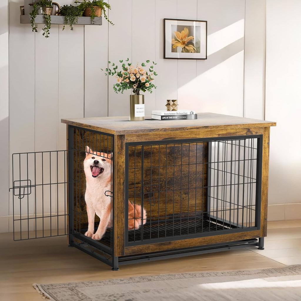Dog Crate Furniture, Wooden Dogs Crate Table, Double-Doors Dog Furniture, Indoor Dog Kennel, Dog House, Dog