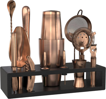 Bartender Kit with Black Bamboo Stand Beautiful Cocktail Shaker Set and Bar Tools Stainless Steel Boston Shaker - Set of 11