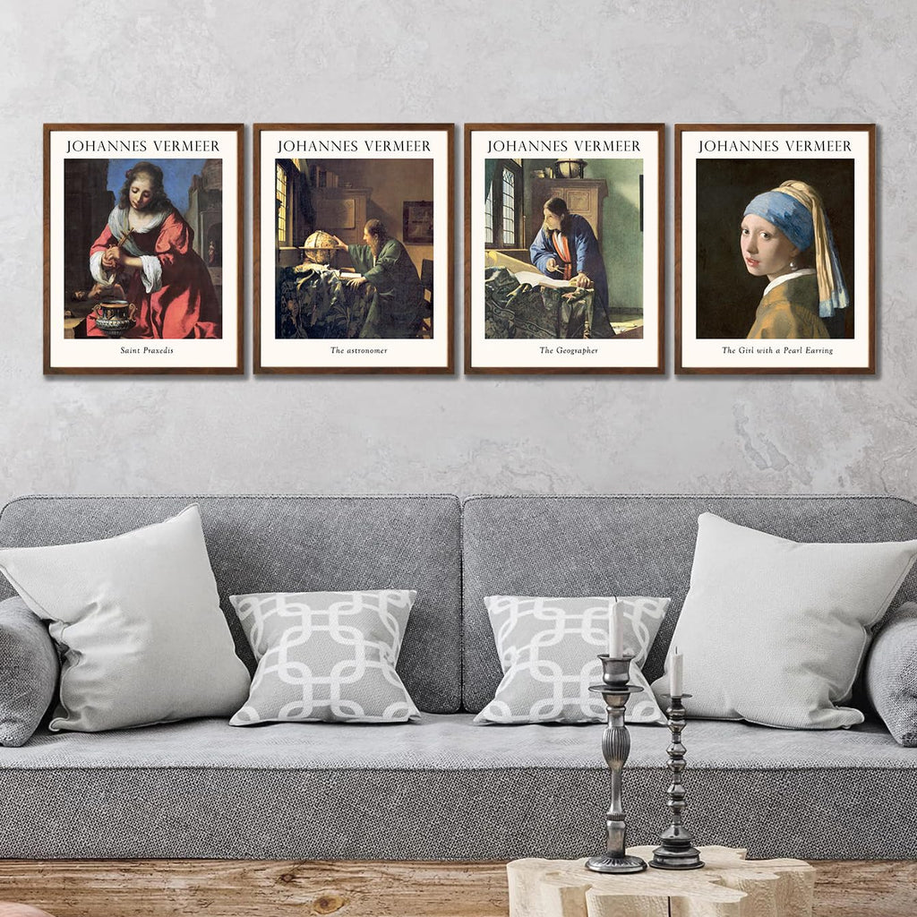 Set of 4 Baroque Art Framed Prints - 8x10 Wall Art Posters Girl With a Pearl Earring Artwork Reproduction Johannes