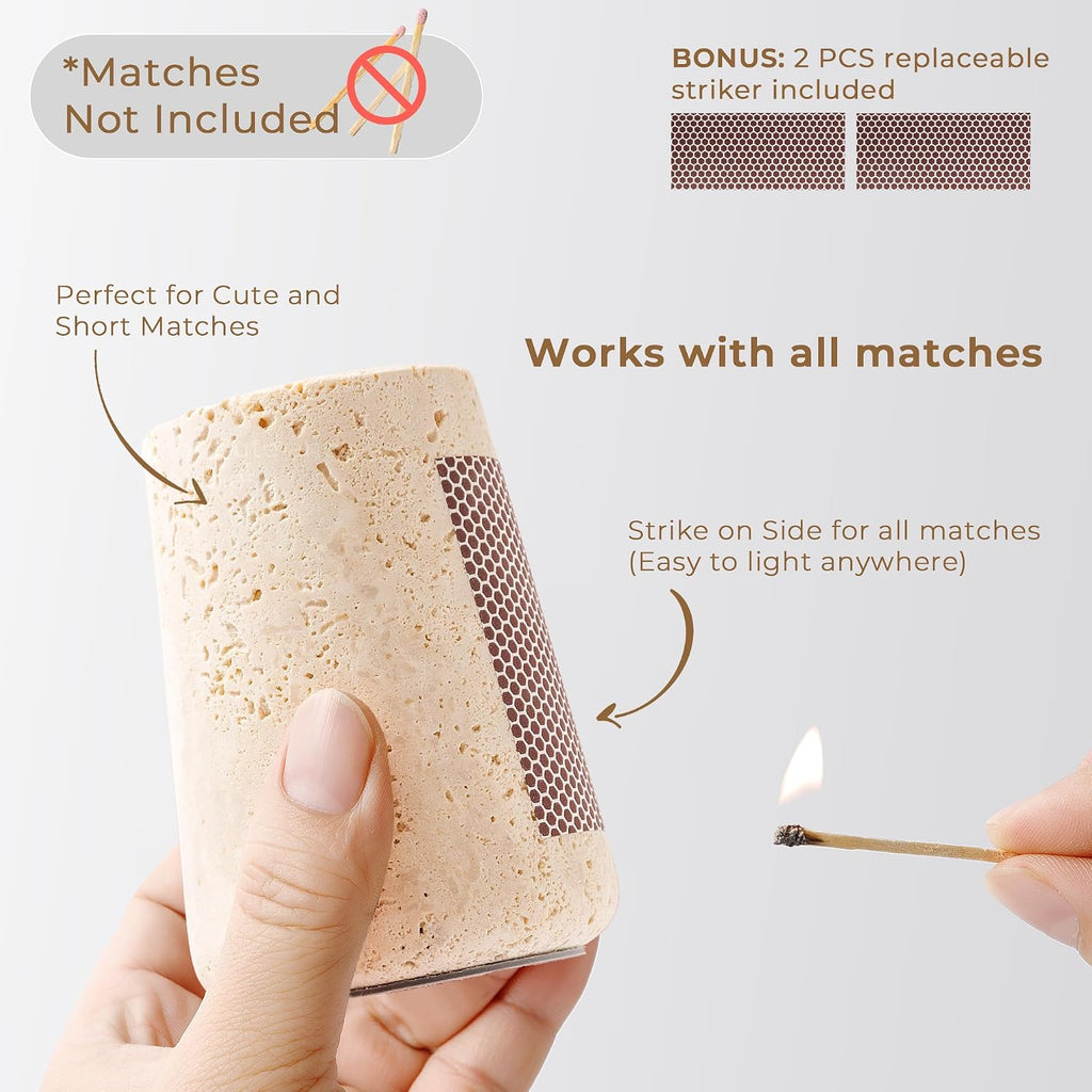Travertine Match Holder with Striker & Extra Striker Pad - 2.9" x 3.9" Large Decorative Matchstick Organizer