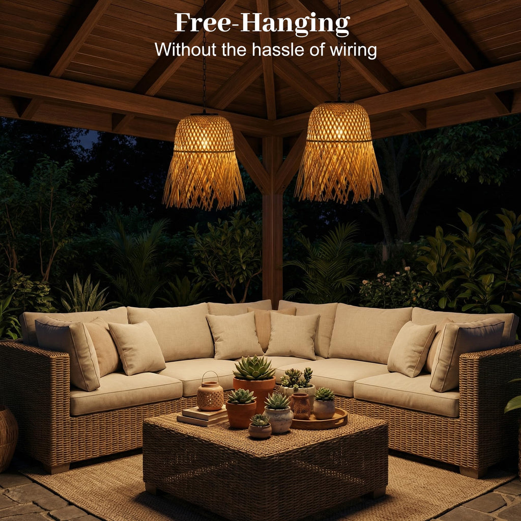 Solar Chandelier Outdoor, Bamboo Handmade Rattan Pendant Light, Rustic Retro Boho Hanging Lanterns for Gazebo Yard