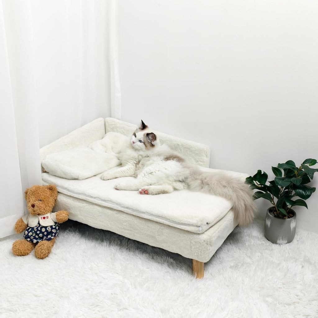 Elevated Cat Couch Sofa: Wooden Cat Bed Dog Chair with Bolster Cushion for Small Dogs Cute Pet Chaise Soft Cushion