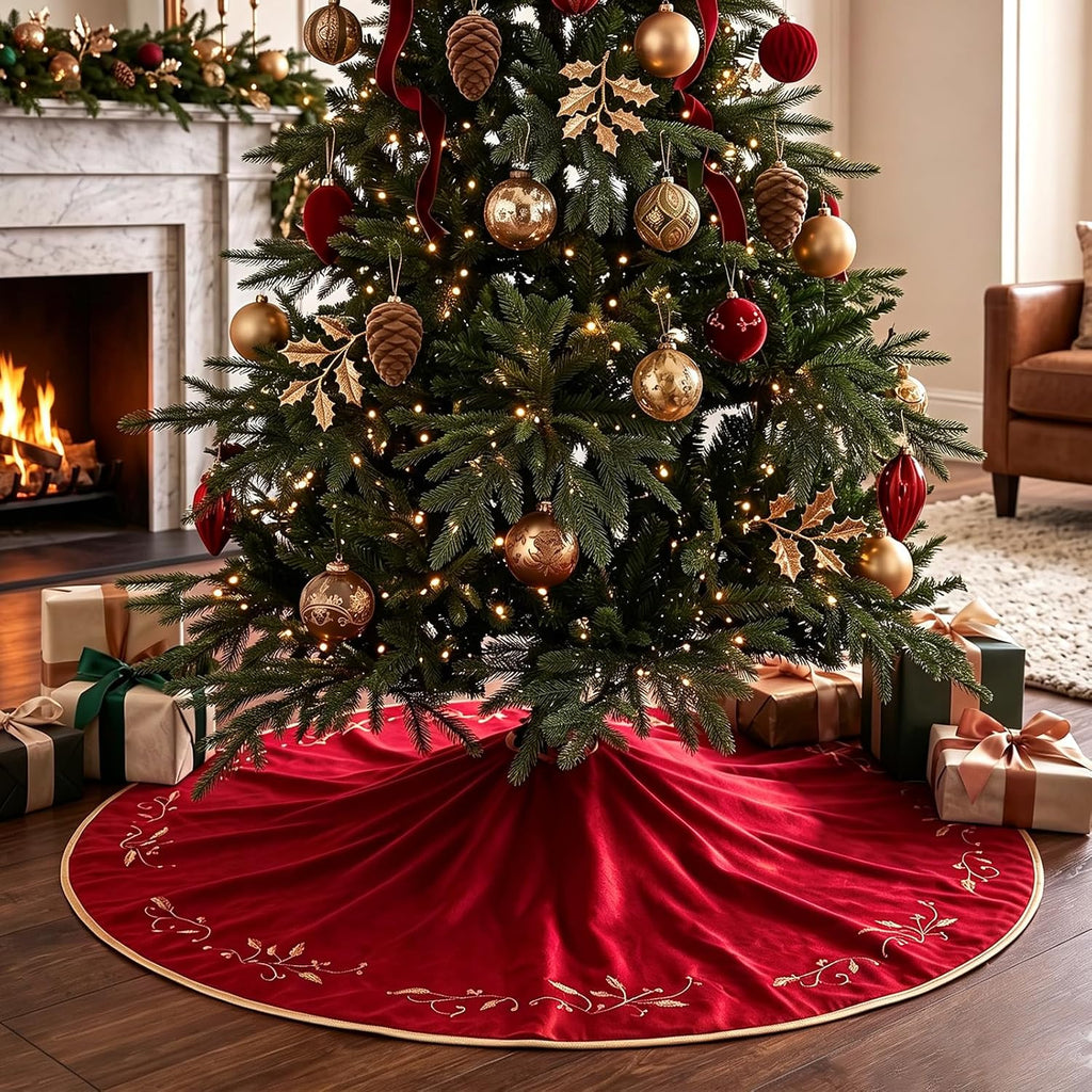 Christmas Tree Skirt, 48 inches Red Luxury Velvet Plush Fur Skirts with Gold Embroidered Holly Leaf for Rustic Xmas