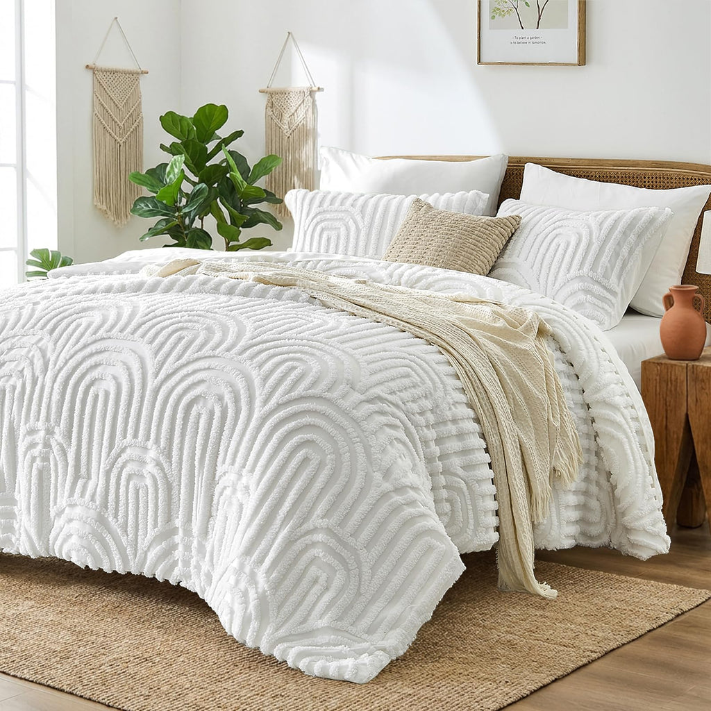 Boho Tufted Comforter Set, 7 Pieces White Bedding Sets