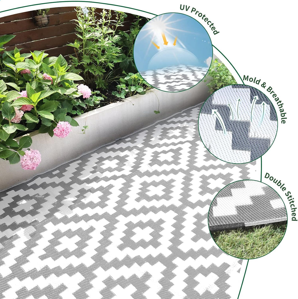 Outdoor Rugs, Reversible Patio Mat, Gray & White