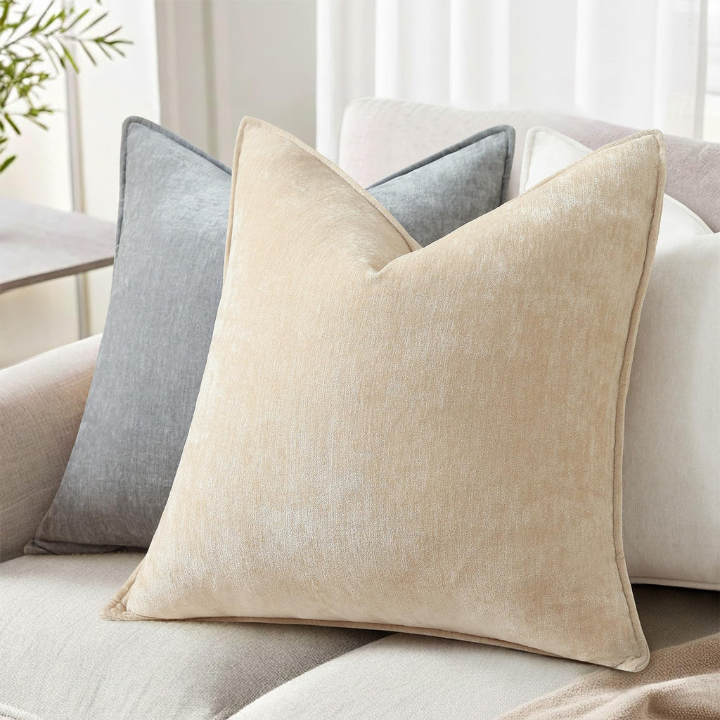 Chenille Beige Velvet Throw Pillow Covers 24x24 Set of 2