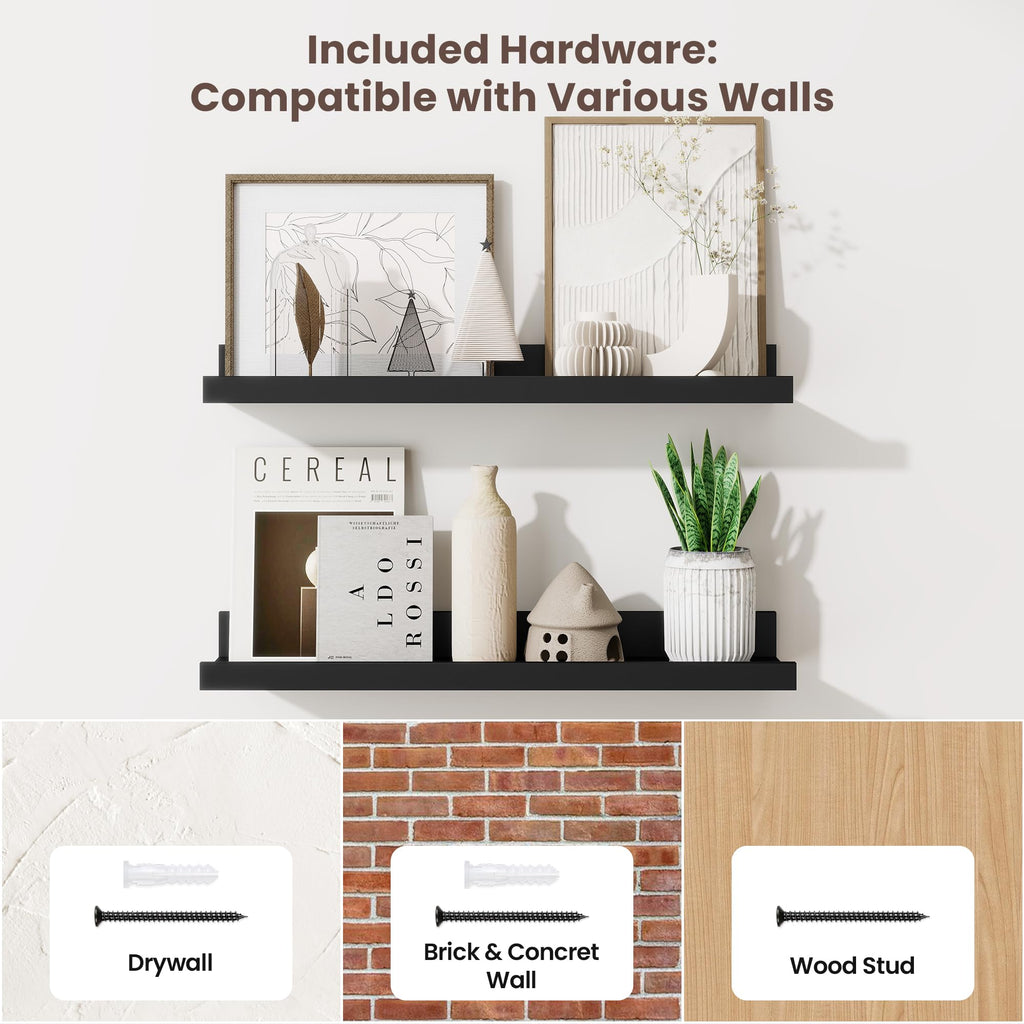 20 Inch Floating Shelves, Black Picture Ledge Shelf Set of 3