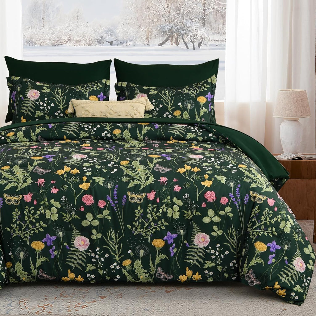 Yiran Queen Comforter Set 7 Piece, Dark Green Floral Bedding Set, Bed in a Bag Queen with Botanical Flowers Patterns