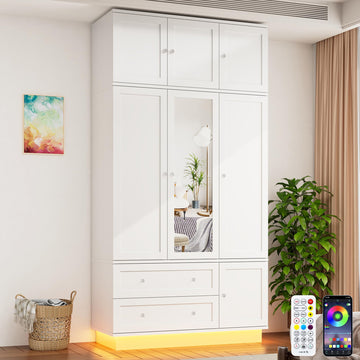 92.2" Tall Armoire Wardrobe Closet with Mirror & Motion Sensor Light, Large Storage Cabinet with 2 Drawers, Hanging