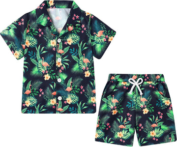 Boys Hawaiian Outfit 2Pcs Set Summer Beach Button-Down Shirt Top + Shorts for Kids