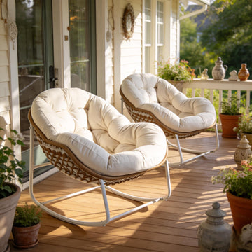 Oversized Outdoor Papasan Rocking Chair Set of 2 with Soft Cushion, Comfy Patio Egg Chair, Wicker Lounge Rocker for