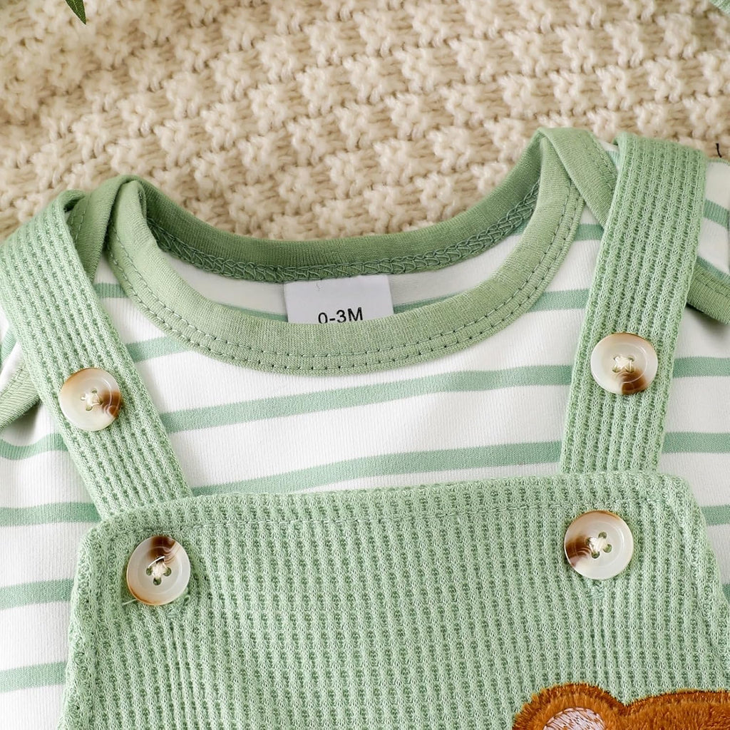 Baby Boy Clothes Newborn Striped Romper Bear Overall Hat Set