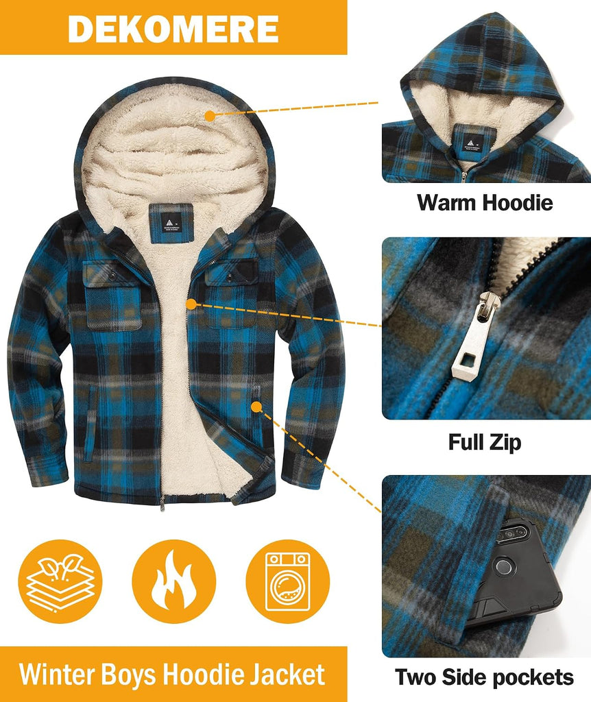 Boys Fleece Jacket with Hood Unisex Child Sherpa Lined Zip Up Warm Coat Hooded Sweatshirt Outerwear