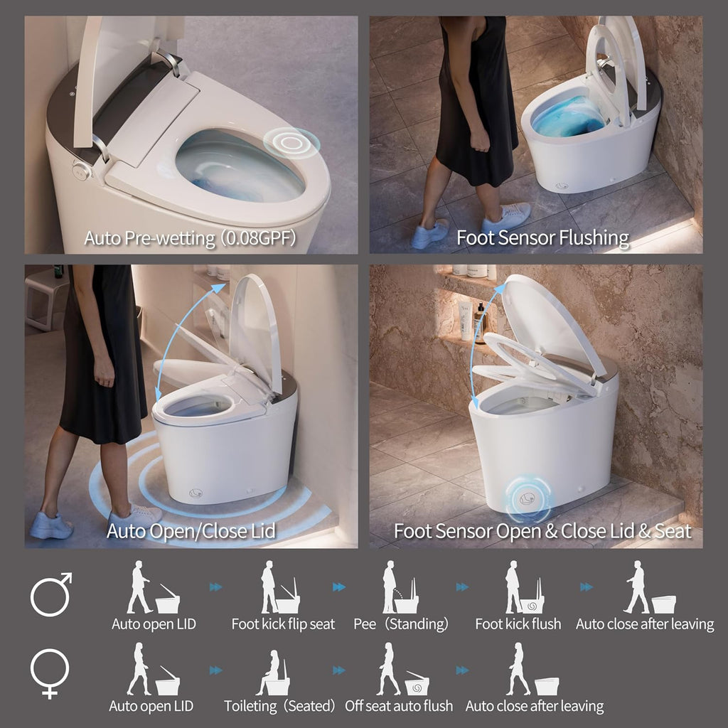 Smart One-Piece Toilet with Built-In Bidet, Powerful Dual Flush, ADA Comfort Height, Auto Open and Close Lid, Heated Seat, Night Light