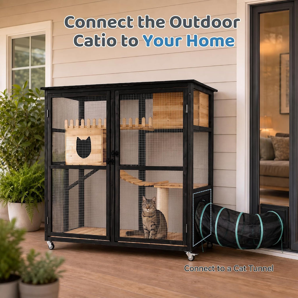 Catio Outdoor Cat Enclosure, 4-Level Wooden Cat Enclosure with Wheels
