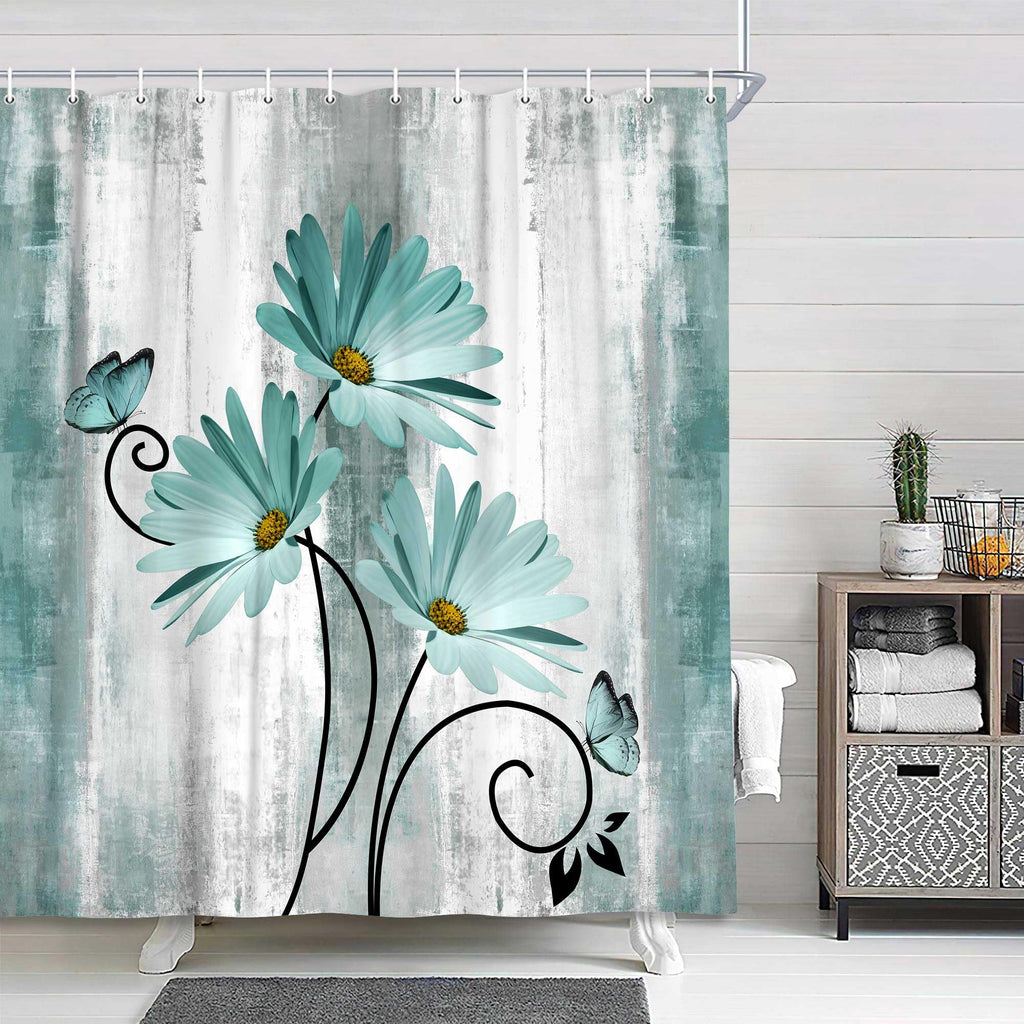 Rustic Farmhouse Teal Turquoise Floral, Boho Daisy and Butterfly on Country Wooden Bathroom Decor, Machine Washable
