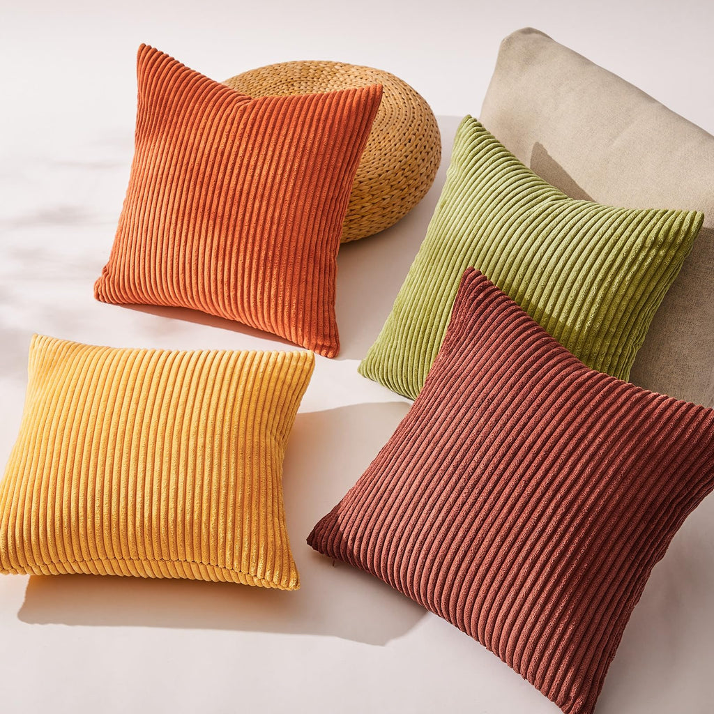 Fall Burnt Orange Decorative Throw Pillows Covers 24x24 Inch Set of 4, Yellow Green Gradient Series Corduroy Striped