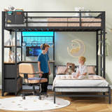 Bunk Bed with L-Shaped Desk,5 Storage Drawers and 2 Shelves Metal Twin XL Over Twin Bunk Bed with LED Lights and