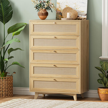 Rattan Dresser with 5 Drawer, Modern Double Wooden Tall Bedroom Dresser, Chest of Drawers with Metal Handle & Solid