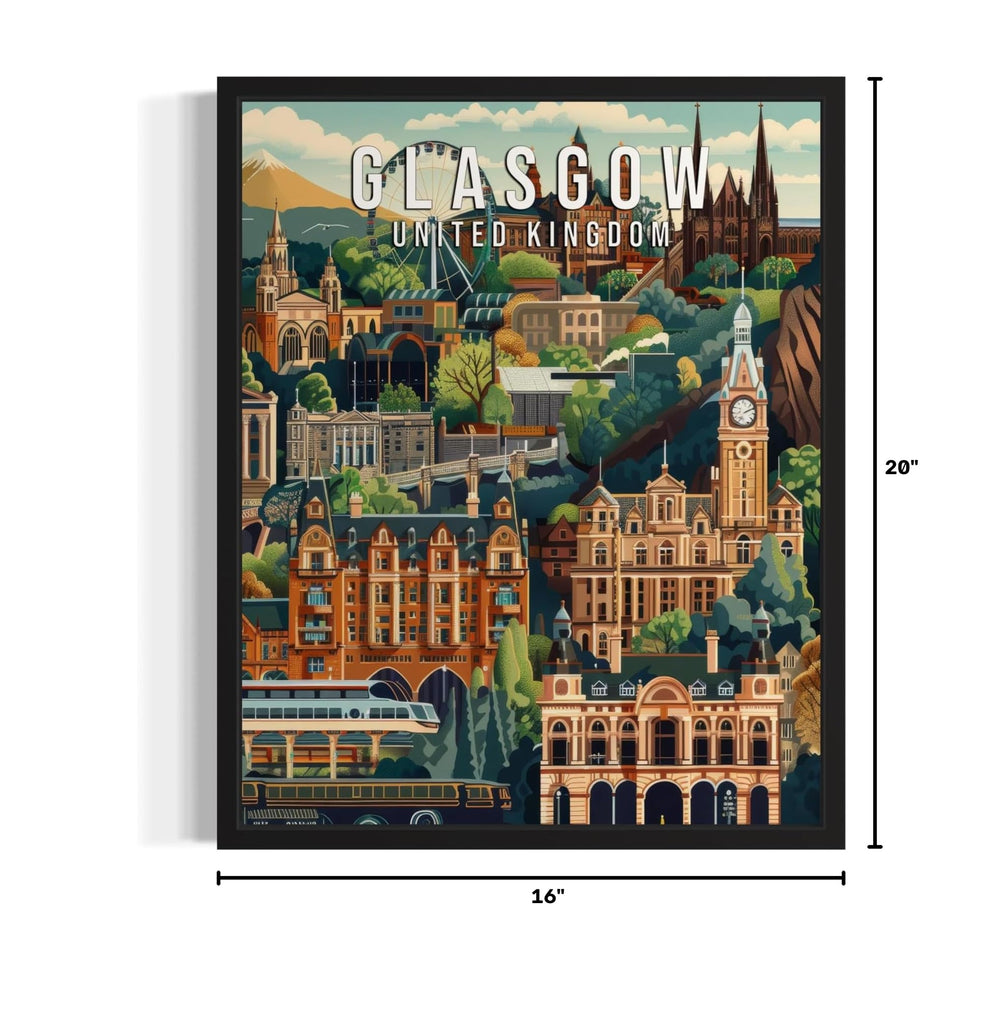 Glasgow United Kingdom Black Framed Print Poster, Europe City Skyline Artwork Painting Wall Vintage Painting Bathroom