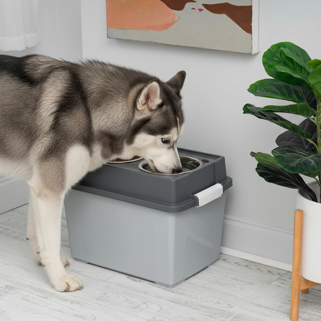 USA Elevated Dog Bowls 15" H, up to 47 lb Storage, Gray/Dark Gray