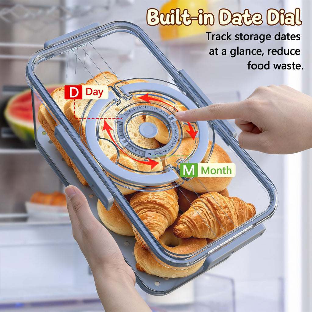 With Lid and Handle,Time Recording Airtight Bread Container Grey