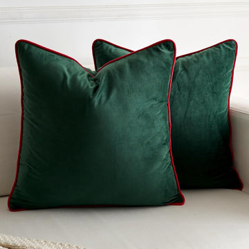 Christmas Dark Green Velvet Throw Pillow Covers Modern Minimalist Style Solid Decorative Red Rope Edging - Set of 2