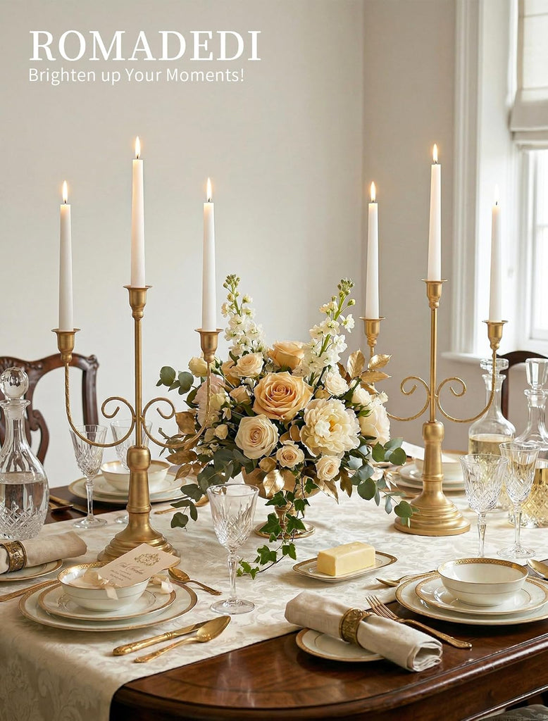 Candelabra Gold Candlestick Holders - 15.7" Tall 3 Arm Metal Taper Candle Holdereplace Mantel Christmas Decor, Set of 6