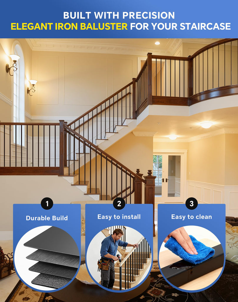 12 Pack Iron Balusters for Staircase Interior, 44 Inches Square Hollow Metal Balusters, 1/2" Wrought Iron Stair Hand