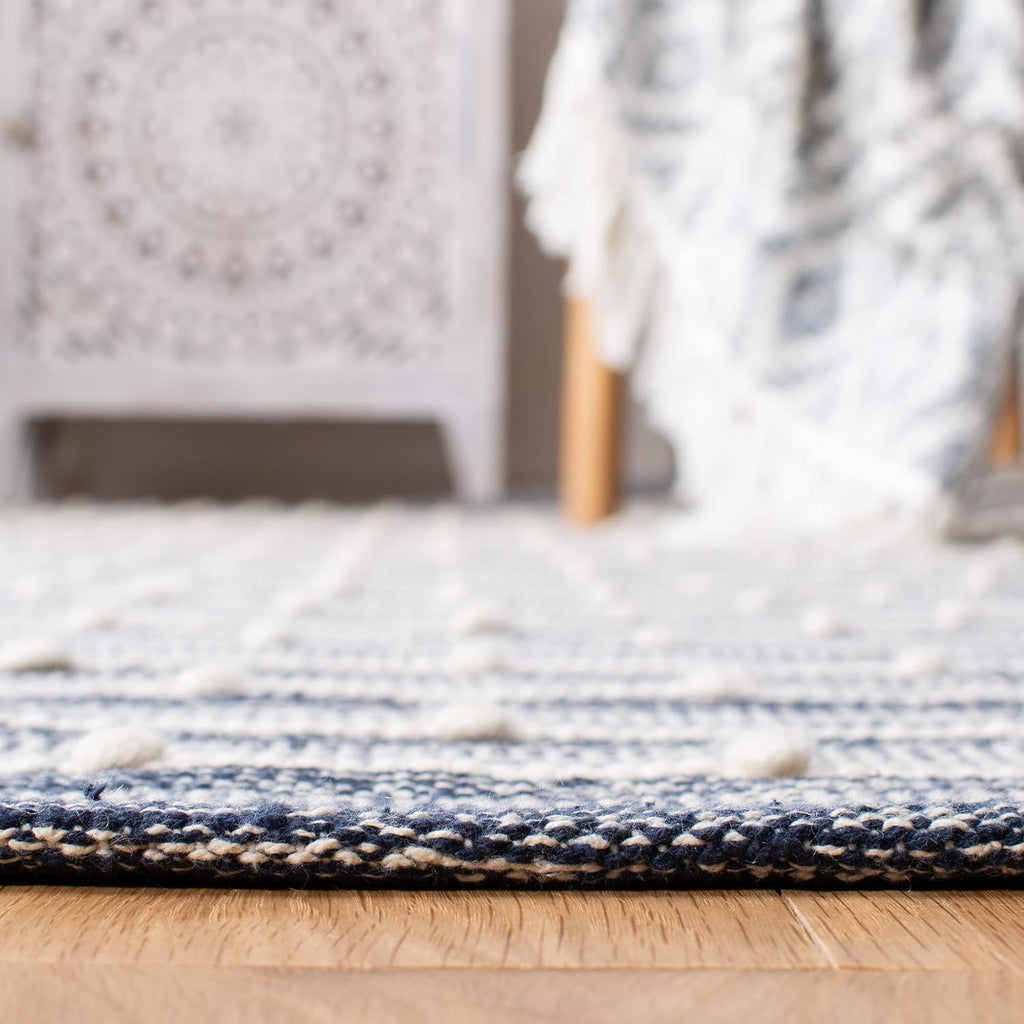 Striped Kilim Collection Area Rug - 9' x 12', Navy & Blue, Handmade Flat Weave Cotton, Ideal for High Traffic Areas
