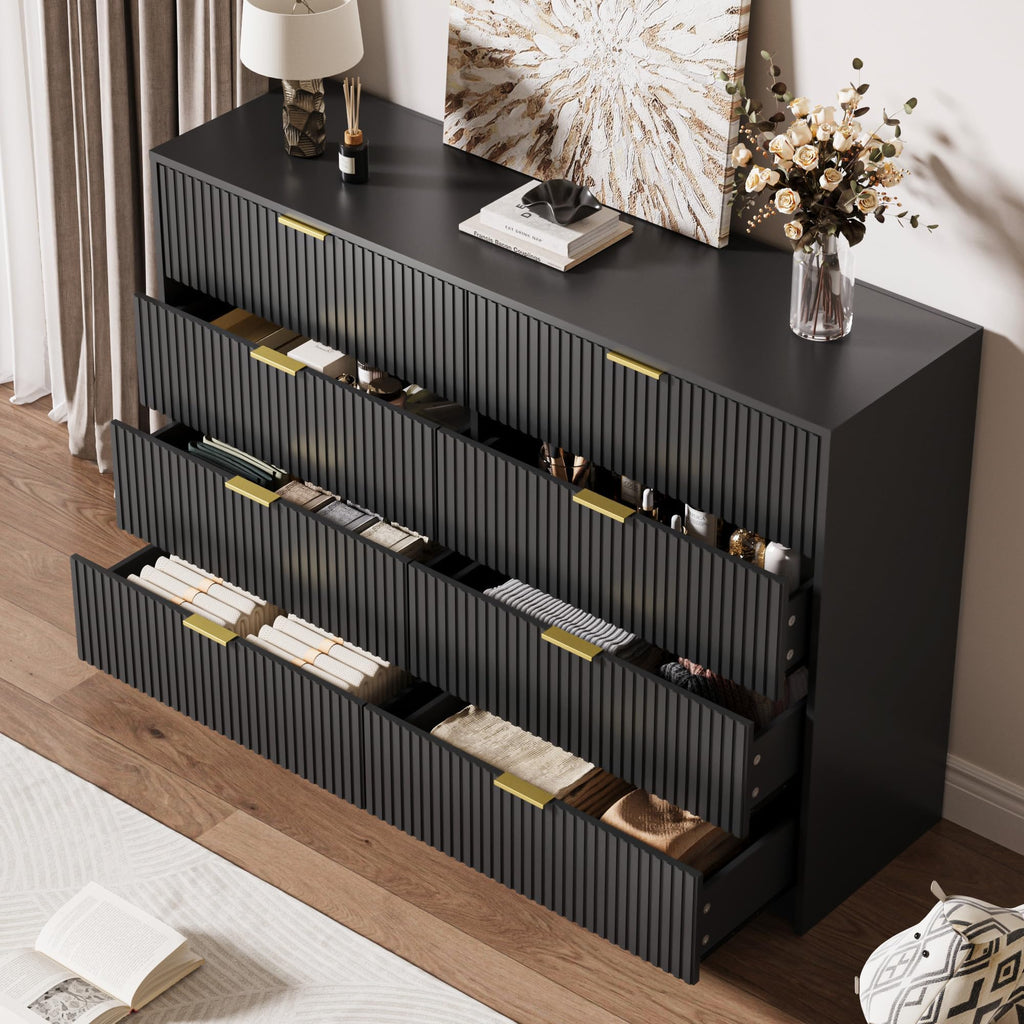 55" Wide Fluted 8-Drawer Double Dresser, Black