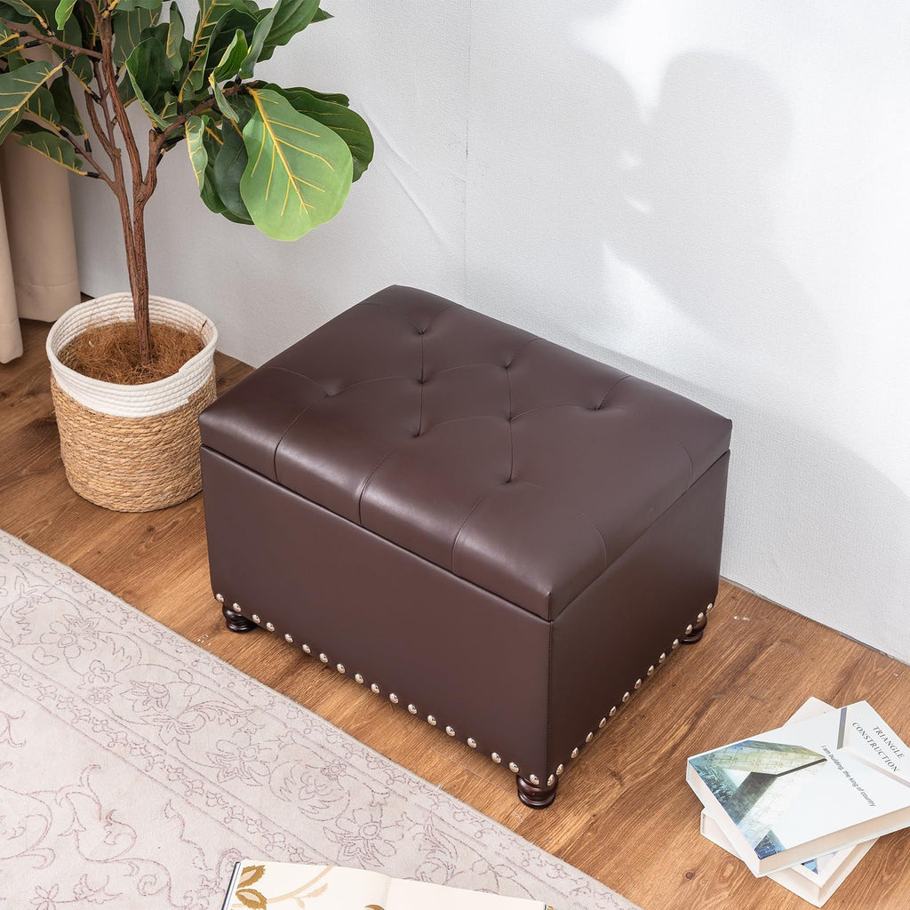 Bonded Leather Square Tufted Storage Footstool, 18" ottoman, Dark Brown