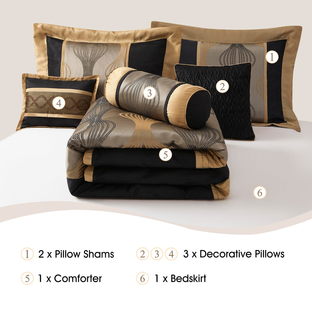 Black and Gold Comforter Set, 7 Pieces Jacquard Bedding Sets with Comforter, Bed Skirt, Pillows & Shams, Queen Size