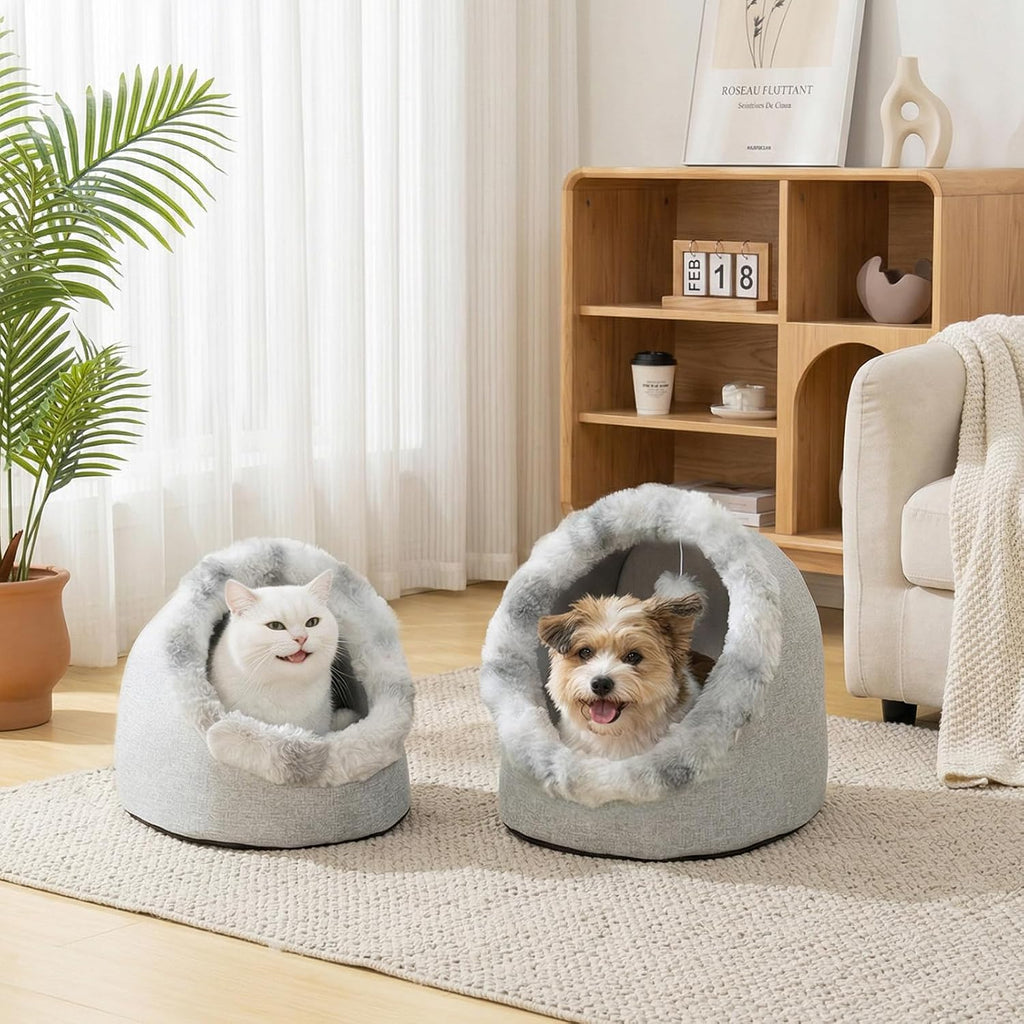 Cat Bed Cave for Indoor Cats, Semi-Enclosed with Washable Cushion