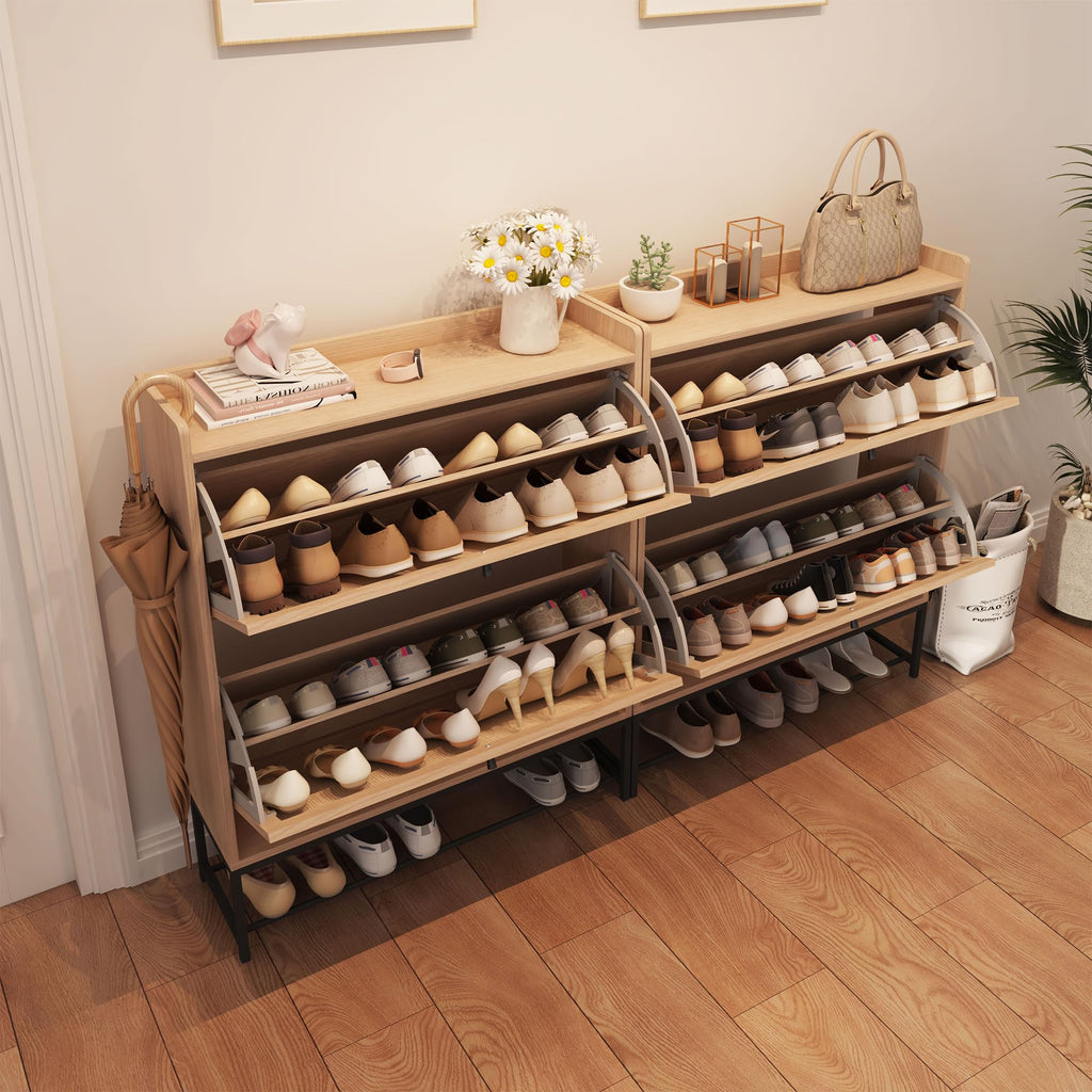 Narrow Shoe Storage Cabinet with 2 Flip Drawers, Freestanding Shoe Organizer Slim Shoe Cabinet Storage, Wooden Closed