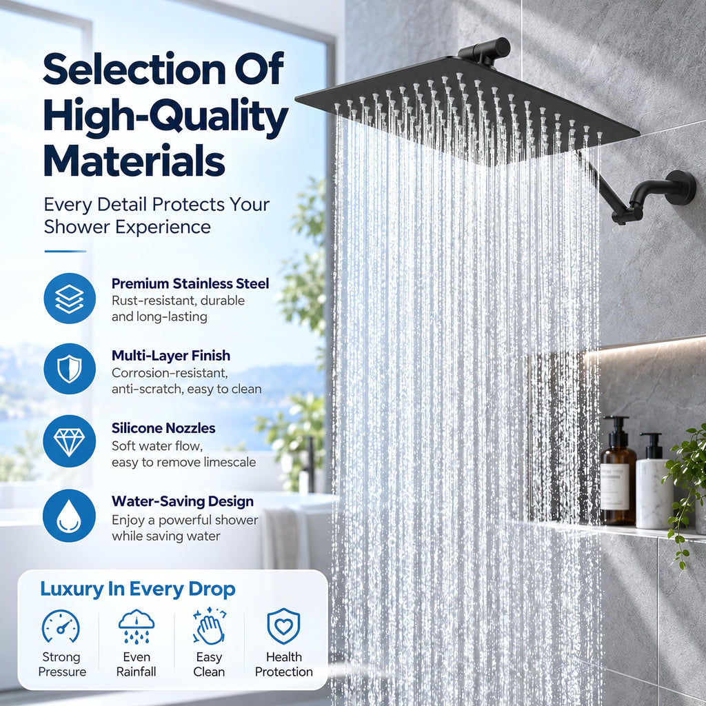 10x10 Inch Matte Black Rain Shower Head, 304 Stainless Steel Square High Pressure Rainfall Shower Head, Ultra Thin