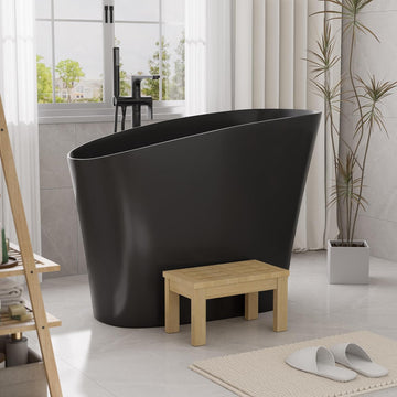 Japanese Bathtub,47" Freestanding Japanese Soaking Tub, Black Stone Resin Deep Tub with Built-in Seat, Modern Oval