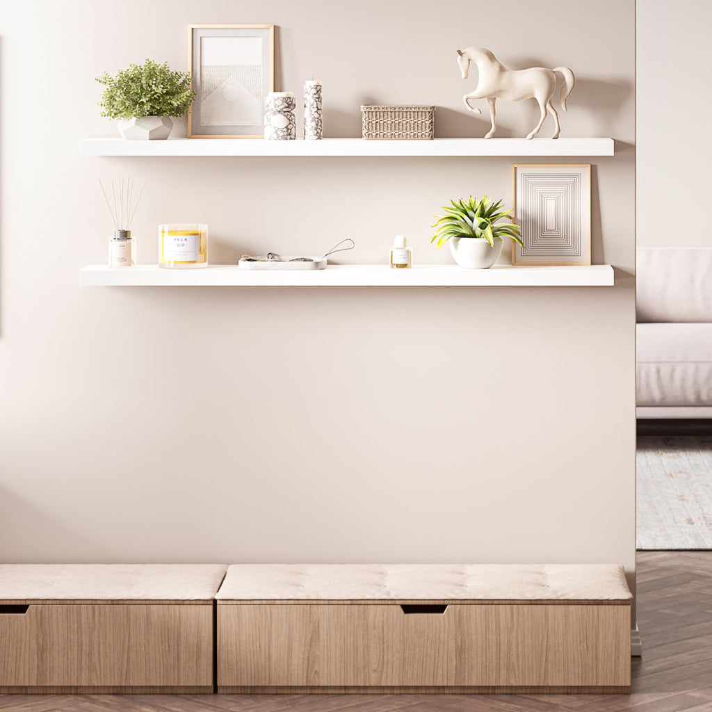 Floating Shelves, 55" Wood Wall Shelf Set of 2, with Invisible Brackets, 6" Deep, White