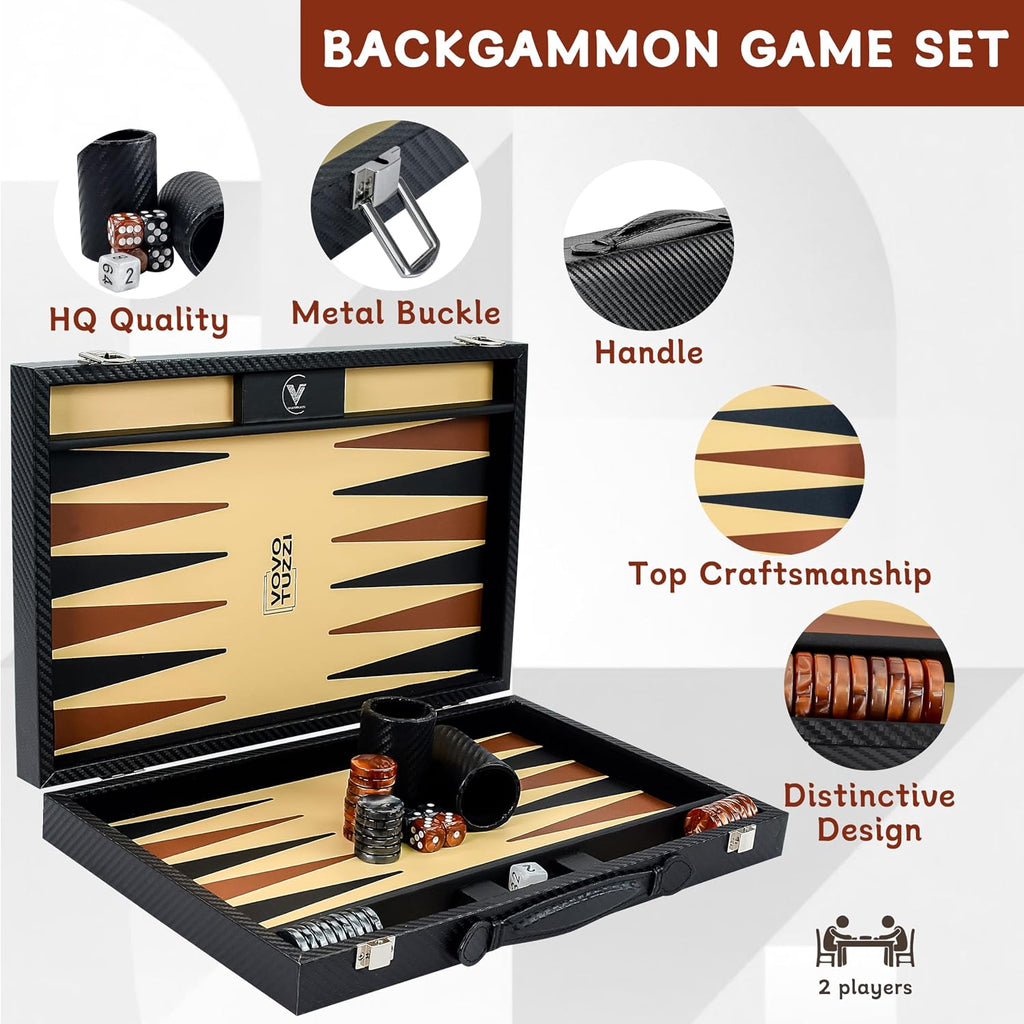 15 Inch Backgammon Set for Adults, Premium Carbon Fiber PU Leather Foldable Backgammon Board Game, Portable Travel