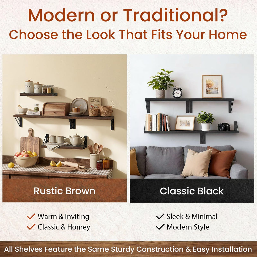 Wall Mounted Floating Shelves (Rustic Brown, Set of 4, 16" Mixed)