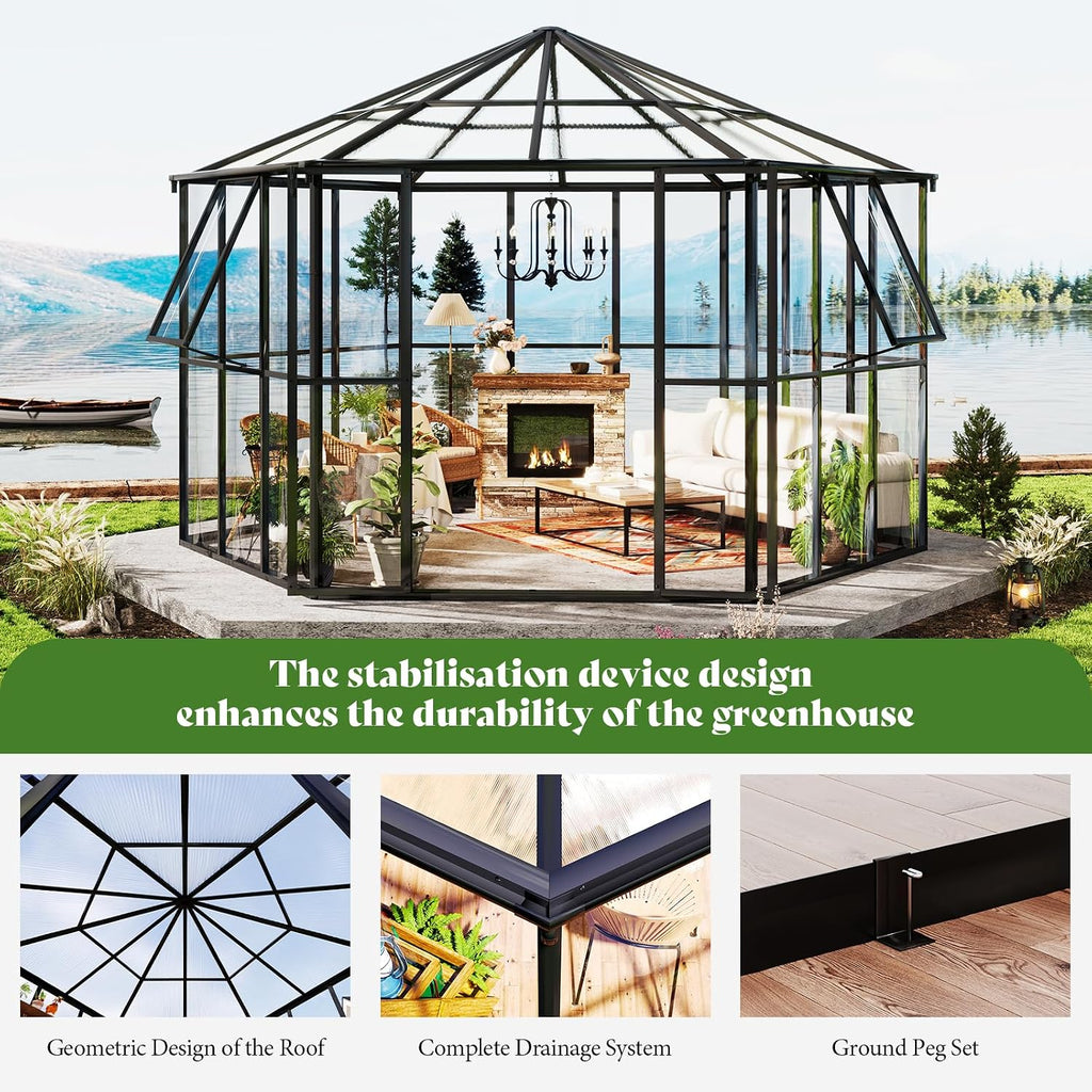 12 x 10 x 8 FT Hexagonal Outdoor Greenhouse | Aluminum Frame with Quick-Connectors, 2 Swing Doors and 2 Vents