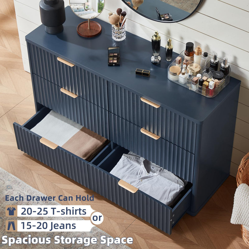 Fluted 6 Drawers Dresser, 48" Wide Modern Chest of Drawers with Wood Grain Top, Curved Profile Design, Dresser TV
