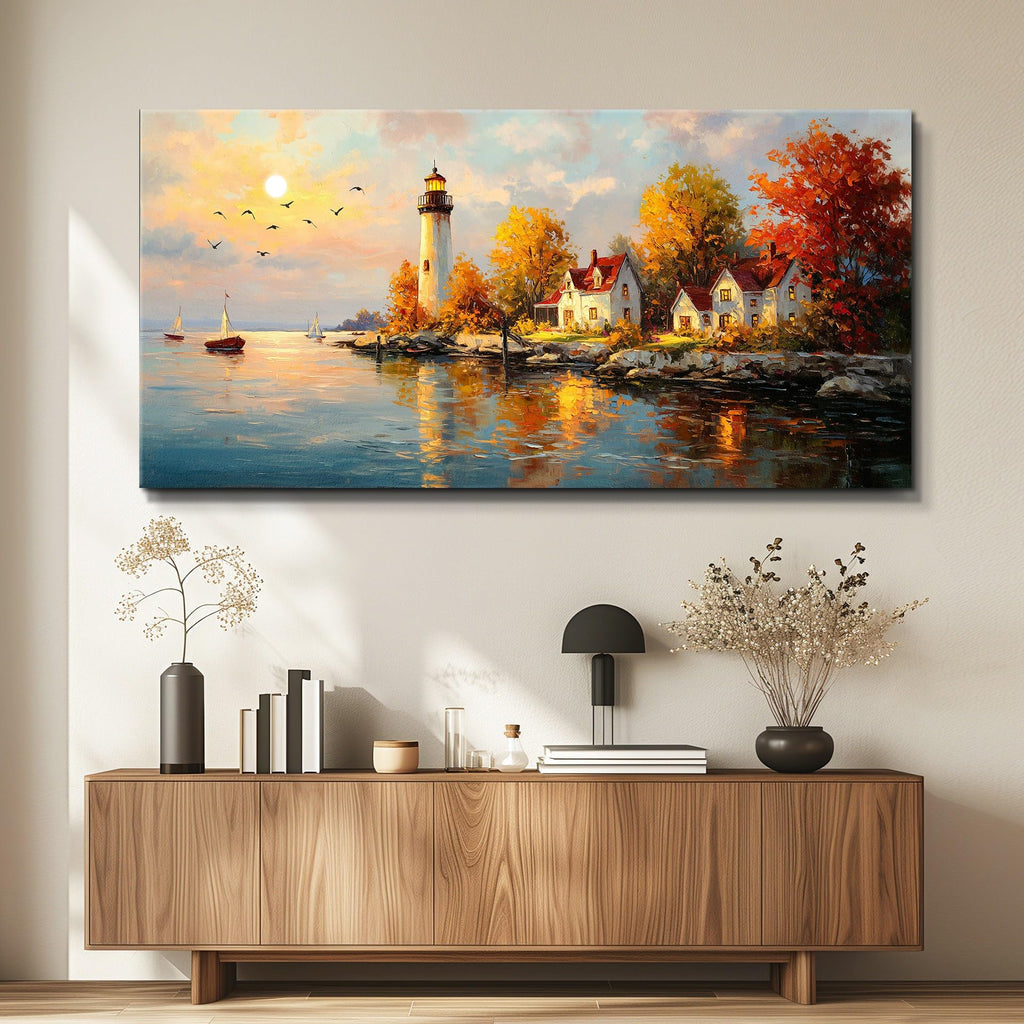 Lighthouse wall art Large Ocean Theme Wall Decor Coastal Landscape Decorations Beach Scene Canvas Wall Art Nautical